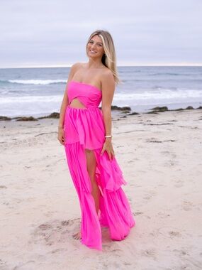 For Love And Lemons Neon Pink Strapless Cutout Maxi Dress